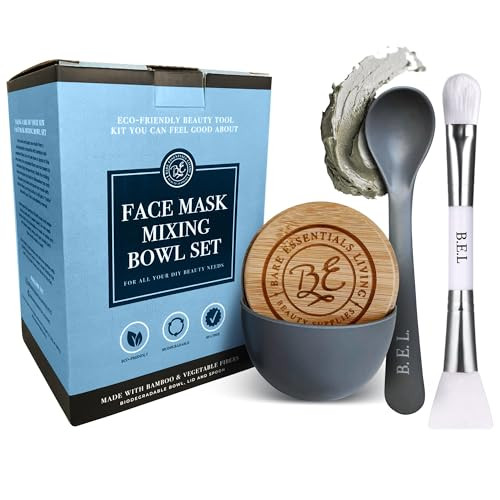 Bare Essentials Living - Clay Face Mask Mixing Bowl Set, Skin Care Kit Facial Bowls with Bamboo Lid, Face Mask Spoon, & Dual Sided Face Mask Brush Ap