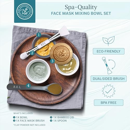 Bare Essentials Living - Clay Face Mask Mixing Bowl Set, Skin Care Kit Facial Bowls with Bamboo Lid, Face Mask Spoon, & Dual Sided Face Mask Brush Ap