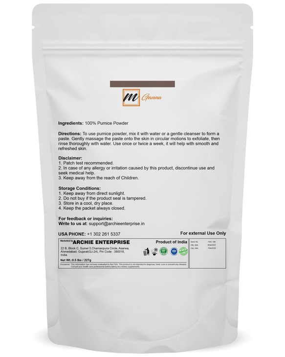 mGanna 100% Natural Pumice Powder 0.5 LBS for Facial Masks, Skin Exfoliation, Soap Making and other cosmetic formulations