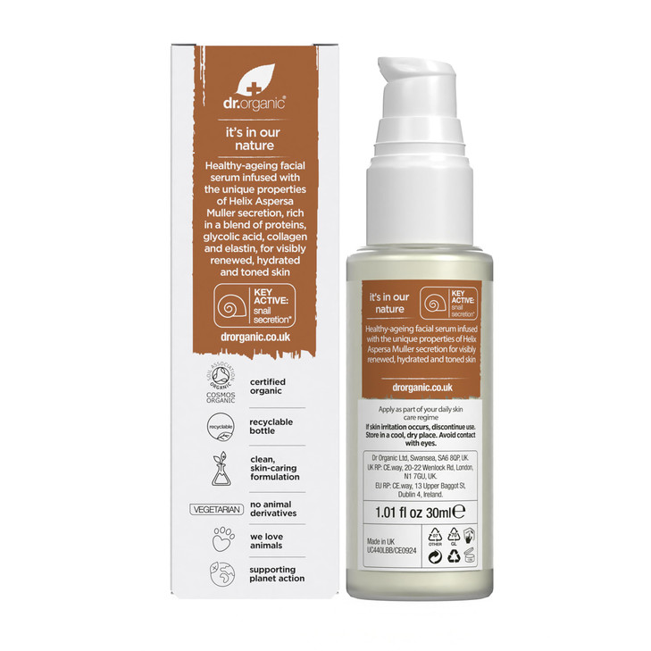 Dr. Organic Snail Gel Facial Serum | Hydrates and Restores Skin, Reduces Fine Lines, Natural, Certified Organic, Paraben & SLS-Free, 30 mL / 1 fl oz