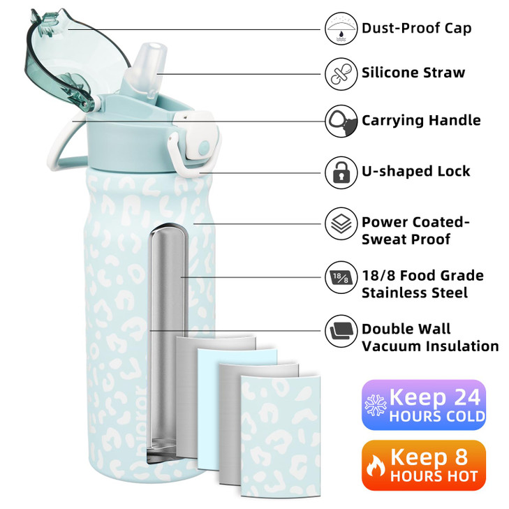 BJPKPK Insulated Water Bottle 18oz Stainless Steel Water Bottles with Straw and Carry Handle Double Wall Metal Thermal Flask,Light Blue Leopard