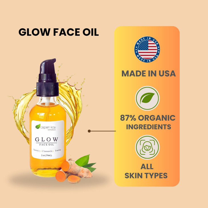 Aspen Kay Naturals Glow - Turmeric & Rosehip Face Oil, Natural & Organic Face Moisturizer with Turmeric, Camellia, Sea Buckthorn and Chamomile - Faci