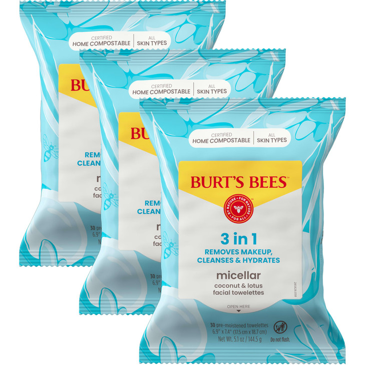 Burt's Bees Coconut & Lotus Face Wipes, for All Skin Types, Micellar Makeup Remover & Facial Cleansing Towelettes, 30 Ct. (3-Pack)
