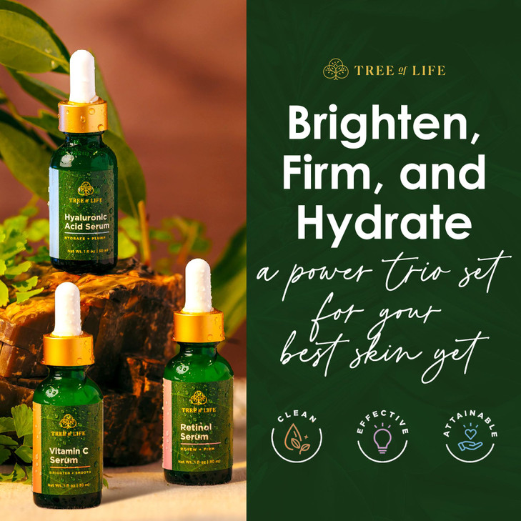 Tree of Life Beauty Facial Skin Care Set, Firming, Hydrating, Dry Face, Dermatologist Tested - Trio Power Kit, Vitamin C, Retinol and Hyaluronic Acid