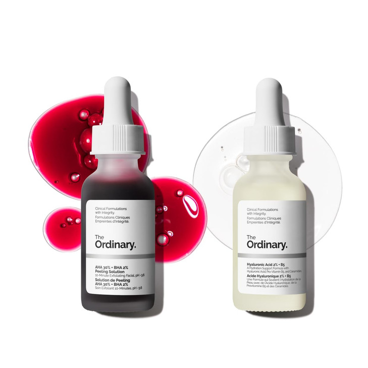 The Ordinary Bright & Hydrated Serum Duo, AHA 30% + BHA 2% Peeling Solution and Hyaluronic Acid 2% + B5, Exfoliating and Hydrating Skincare Set, 1 Fl