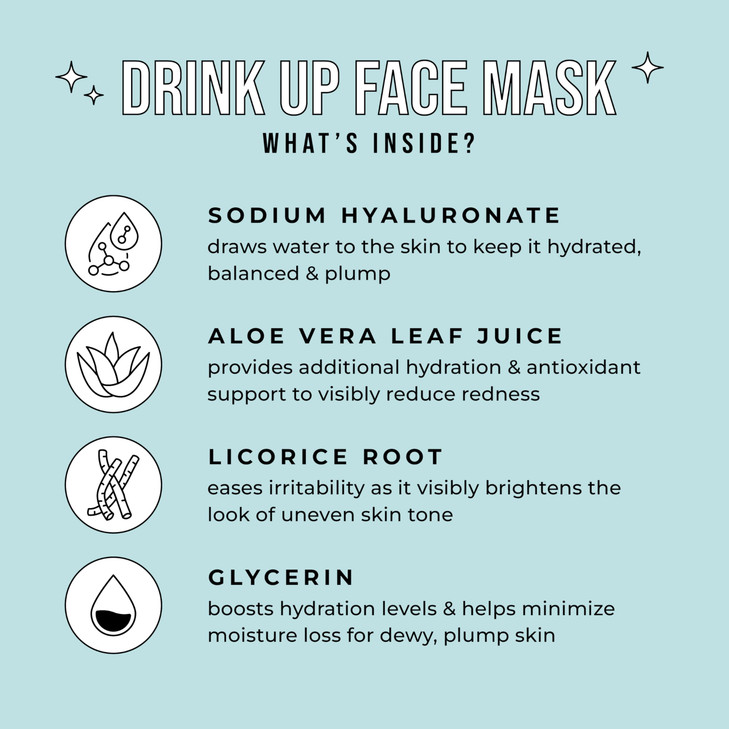 Avatara - Drink Up Facial Mask 15 Sheets, Hydrating Mask, Sheet Masks with Aloe Vera and Licorice Root, Face Mask Skincare Beauty Essential Made with