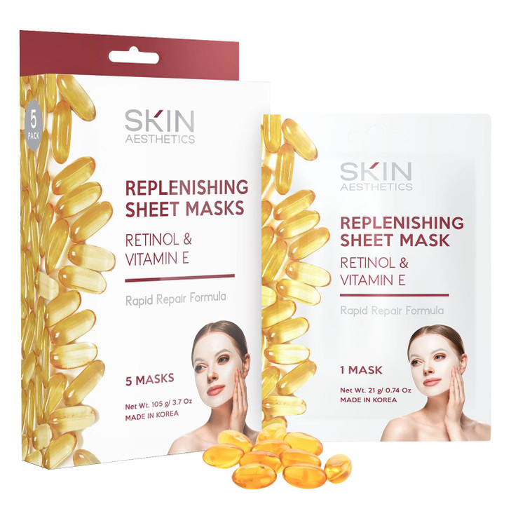 Skin Aesthetics Retinol & Vitamin E Sheet Face Mask - Repairs Skin, Diminishes Fine Lines & Wrinkles, Anti-Aging - Dermatologist Tested Korean Skinca