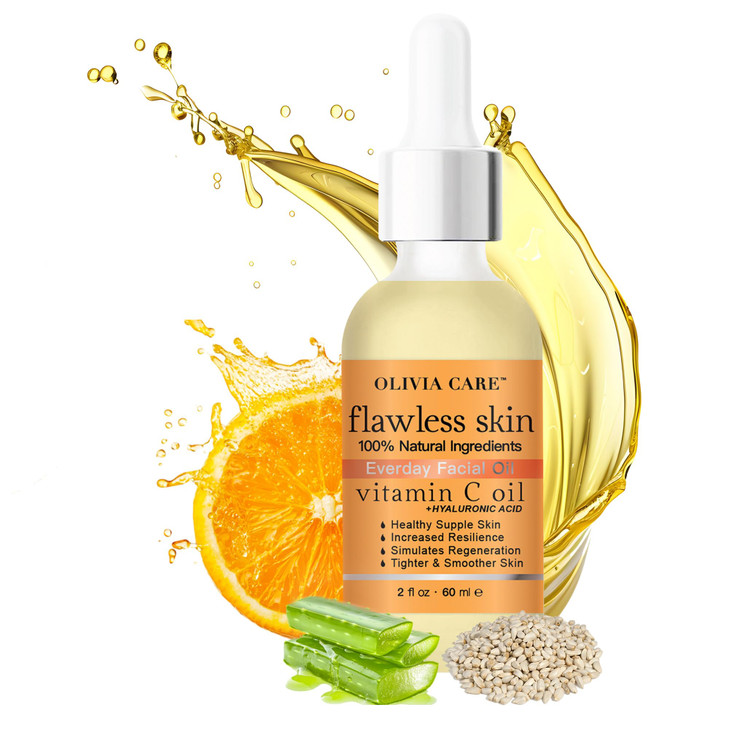 Olivia Care Vitamin C + Hyaluronic Acid Flawless Essential Facial Oil Acid 100% Natural, Reviving, Hydrating, Calming & Soothing. Stabilize & Retain