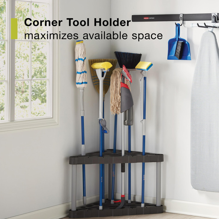 Rubbermaid Plastic Garage Corner Tool Tower Rack, Easy to Assemble, Organizes up to 30 Long-Handled Tools/Rakes/ Brooms/Shovles for Home/House/Outdoo