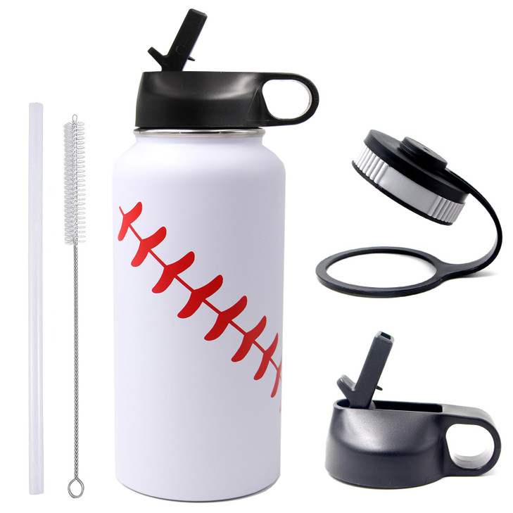 32 oz Baseball Water Bottle, Wide Mouth Sports Flask Metal Travel Tumbler with 2 Lids, Stainless Steel Double Wall Vacuum Insulated Thermo Water Bott