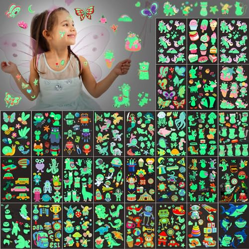 Sinmoe 30 Sheets 400 Pieces Glitter Temporary Tattoos for Kids Waterproof Butterfly Mermaid Unicorn Cartoon Stickers Glow Tattoo for Girls Birthday P