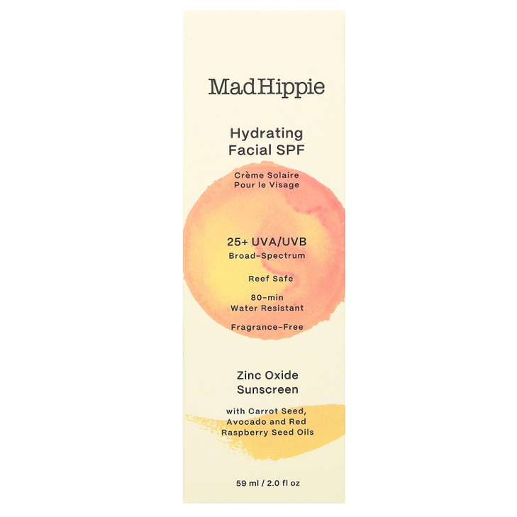 Mad Hippie Hydrating Facial SPF 25+, Zinc Oxide Sunscreen, Reef-Safe Face Cream, Fragrance-Free, 2 Oz