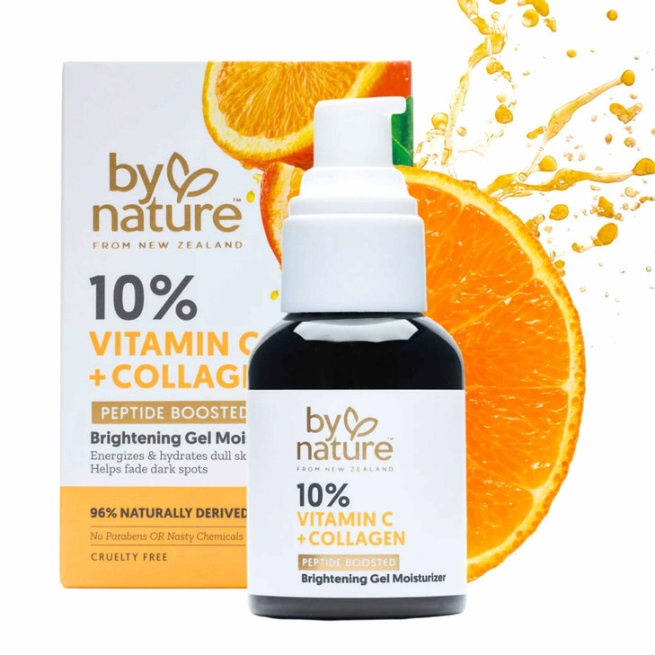 By Nature Gel Face Moisturizer - 10% Vitamin C + Collagen Peptide Moisturizer for Face and Neck - Energize and Hydrate Dull Skin + Fade Dark Spots -