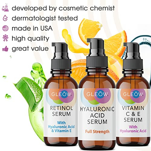 GLEOW Retinol Serum for Face, Vitamin C with Hyaluronic Acid Face Serum for Women and Men, Glow Skin Care Set Total Package Targets Appearance of Une