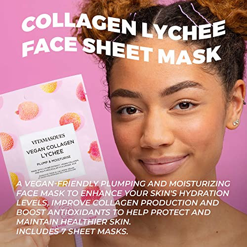Vitamasques Korean Collagen Face Mask - Hydrating & Moisturizing Korean Sheet Mask with Lychee & Hyaluronic Acid - Vegan Facial Skincare for Firming,