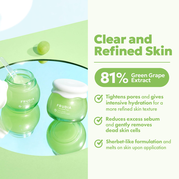 FRUDIA Green Grape Pore Control Face Cream (0.35 oz)  Oil-Control Korean Moisturizer for Face | Pore Refining Face Cream with 81% Green Grape Extrac