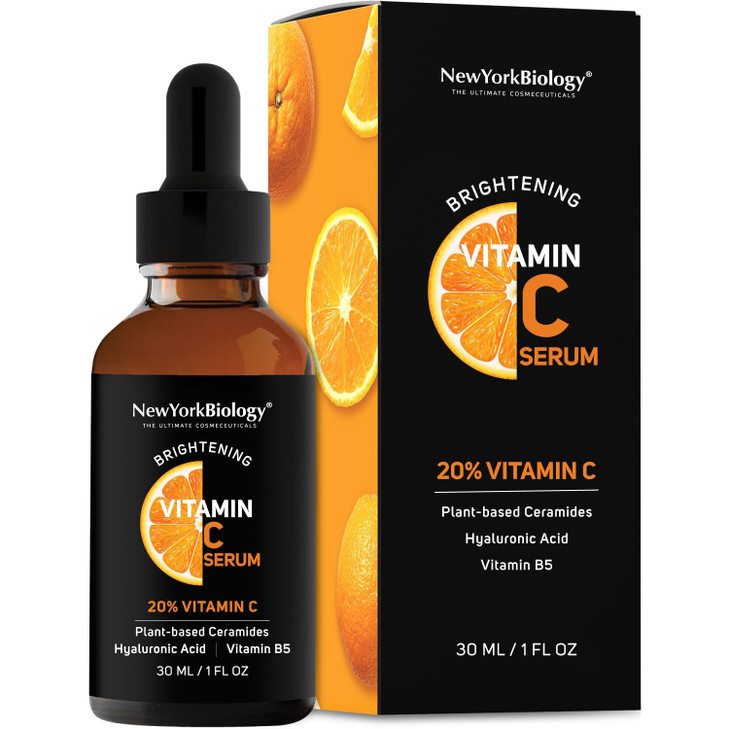 New York Biology Vitamin C Serum for Face with Hyaluronic Acid and 20% Vitamin C - 1 Fl oz  Moisturizing Anti Aging Face Serum for Dark Spots, Dark