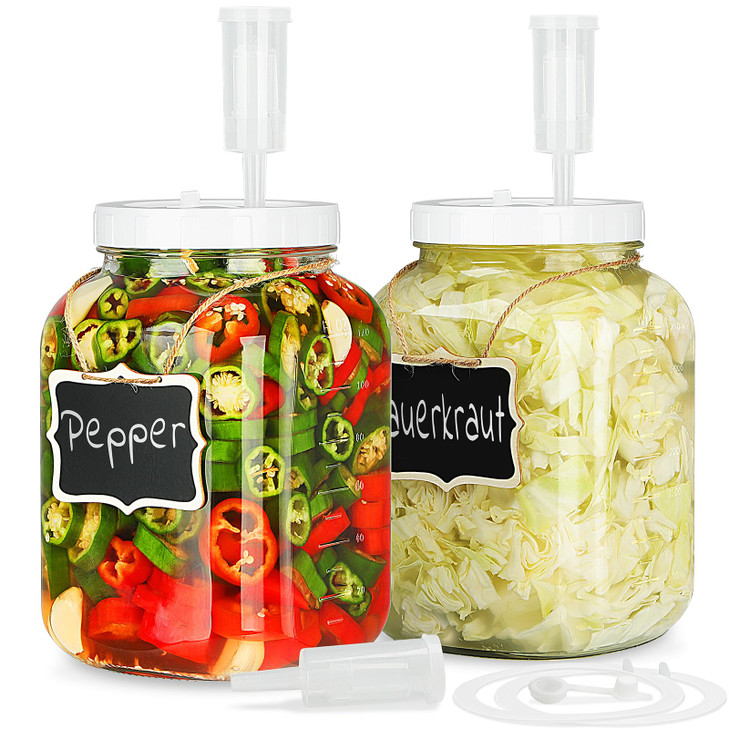 Folinstall 2 Pack 1 Gallon Large Fermentation Jars w 2 SCREW Lid and 3 Airlock - 100% Airtight Lid, Wide Mouth Glass Jar, Pickle Jar w Scale Mark for
