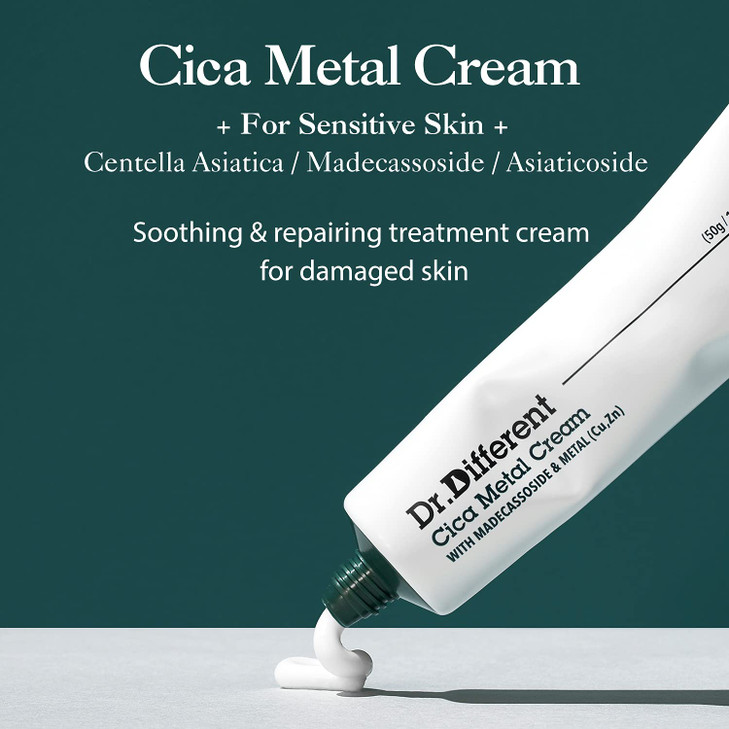 Dr.Different Cica Metal Cream - Madecassoside Soothing Face Cream for Damaged Skin, Repairing and Regenerating with Copper and Zinc, PH Balancing Tre