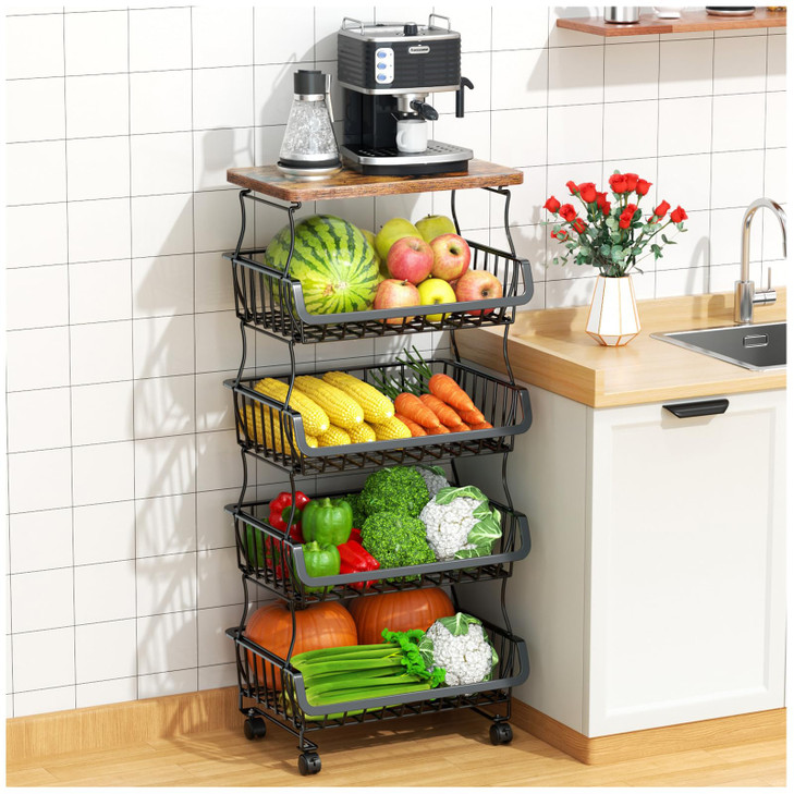 Gsiekare Fruit Vegetable Basket for Kitchen, 5 Tier Stackable Fruit Vegetable Storage Baskets with Wheels, Metal Wire Storage Basket Organizer Basket