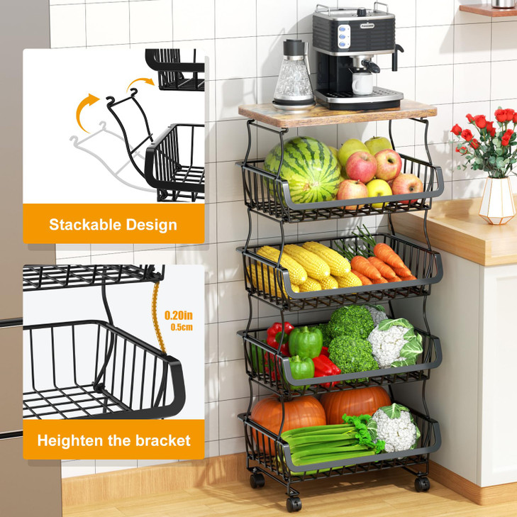 Gsiekare Fruit Vegetable Basket for Kitchen, 5 Tier Stackable Fruit Vegetable Storage Baskets with Wheels, Metal Wire Storage Basket Organizer Basket