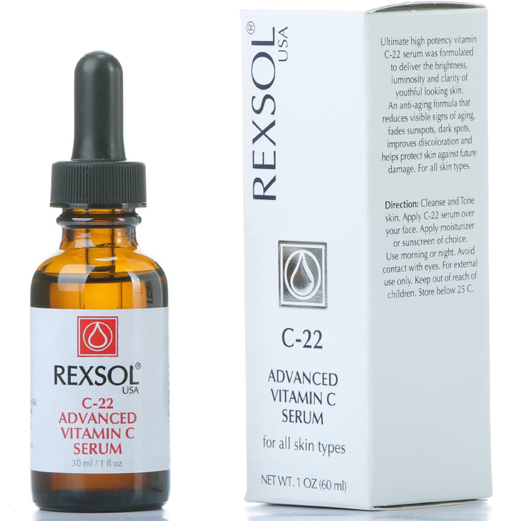 REXSOL 22% ADVANCED VITAMIN C SERUM, With Hyaluronic Acid, Ferulic Acid, Rosemary & Vitamin E, Best Anti-Aging Formulation, Reduce Visible Signs of A