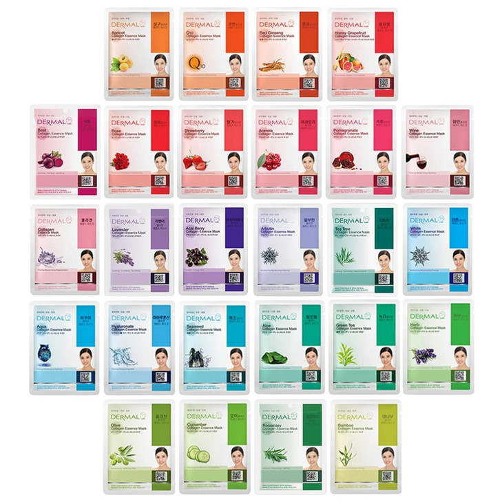 DERMAL 26 Combo Pack Collagen Essence Korean Face Mask (Red & Green) - Hydrating & Soothing Facial Mask with Panthenol - Hypoallergenic Sheet Mask fo