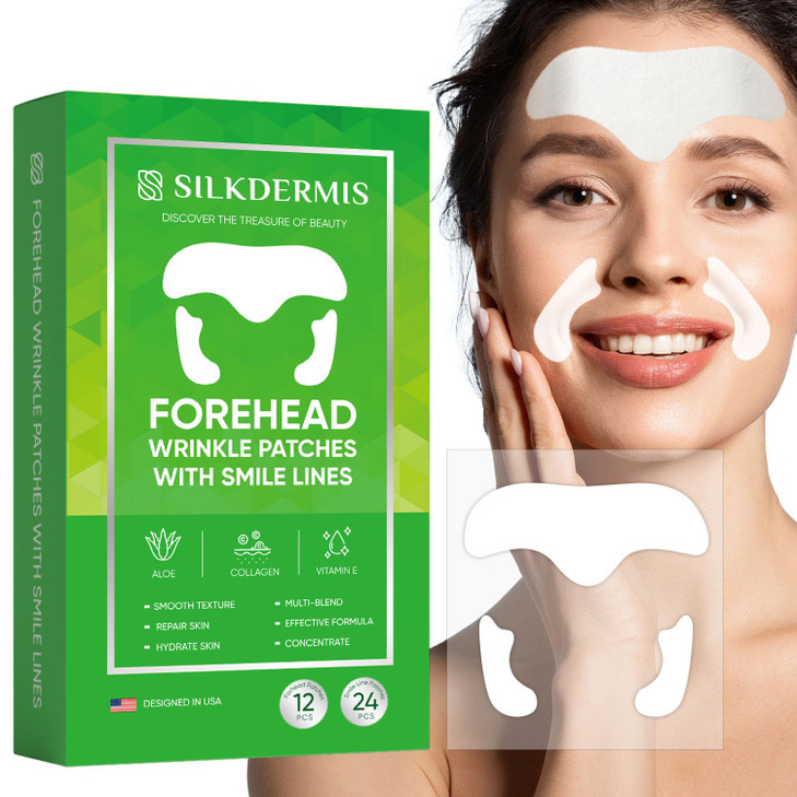 SILKDERMIS Forehead Wrinkle Patches 12Pcs with Smile Line Patches 24Pcs with Aloe, Collagen, Vitamin E, Forehead Wrinkles Treatment and Smile Lines T
