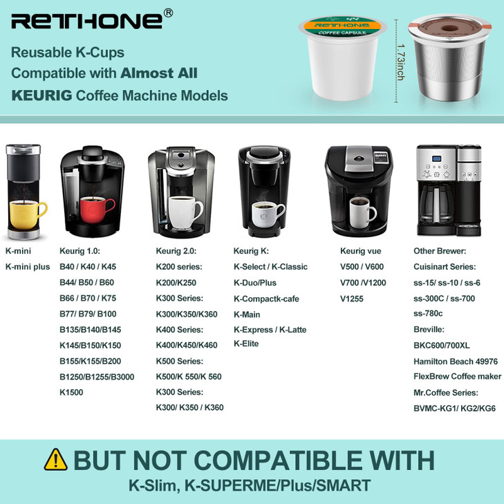 RETHONE K Cup Reusable Coffee Pods, Stainless Steel Reusable K Cups Compatible with Keurig 1.0 & 2.0 Coffee Machines Brewers Refillable K Cups (2 Pac