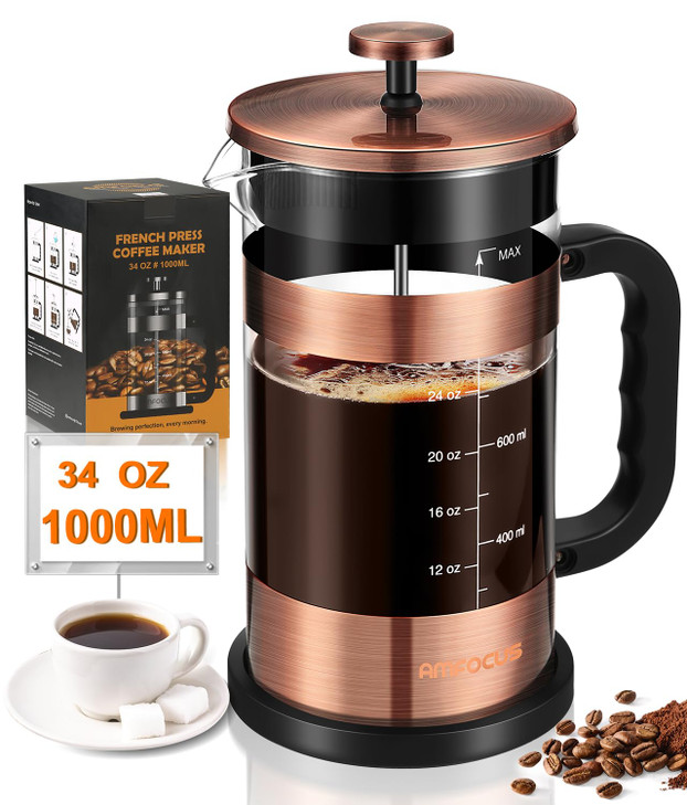 French Press Coffee Maker - 34 Ounce Classice Stainless Steel Coffee Press with 4-Level Filtration System, Heat Resistant Thickness Borosilicate Glas