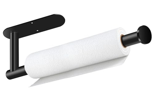 Paper Towel Holder, Self Adhesive or Drilling Paper Towel Holder Under Cabinet, Stainless Steel Black Paper Towel Holders Wall Mount for Kitchen, Bat