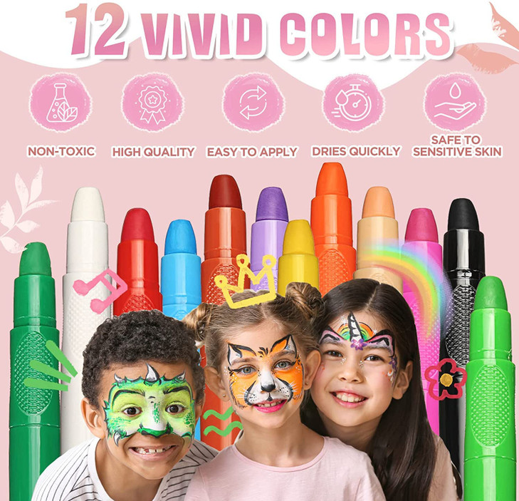 Beesjuy Face Painting Kits for Kids,12 Color Water Based Face Paint Kit, Washable Kids Body Paint for Makeup, for Birthday, Halloween, Thanksgiving D