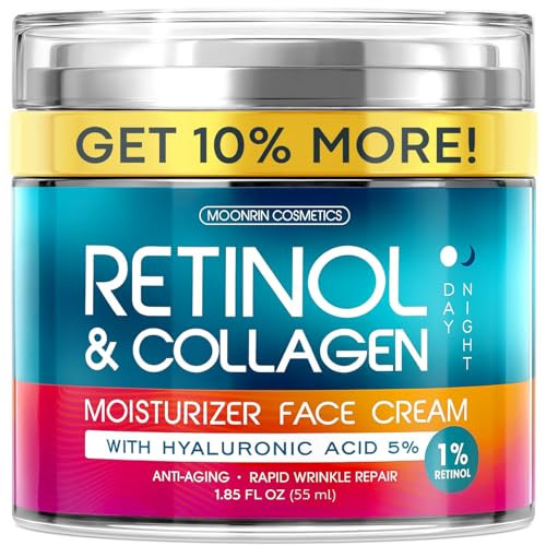Retinol Cream for Face with Hyaluronic Acid, Day-Night Anti-Aging Moisturizer for Women, Men, Collagen Cream for Face Reduces Wrinkles, Dryness, 1.85