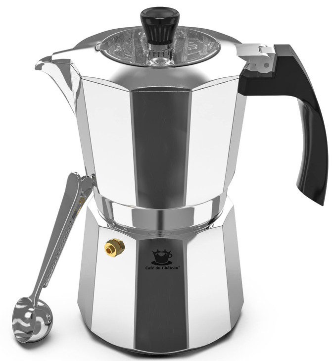 Cafe Du Chateau Moka Pot Espresso Maker - Makes 6 Espresso Cups - Stovetop Coffee Percolator with Clip Measuring Spoon - Ideal Cuban & Italian Coffee
