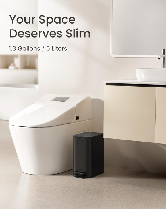 Cesun Small Bathroom Trash Can with Lid Soft Close, Step Pedal, 5 Liter / 1.3 Gallon Stainless Steel Garbage Can with Removable Inner Bucket, Waste B