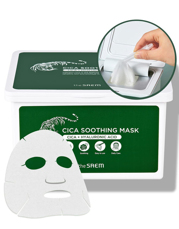 THESAEM Cica Soothing Mask 30ea - Daily Calming Facial Mask Sheet - Centella Asiatica, Hyaluronic Acid, and Panthenol - Moisturizing Essence with Veg