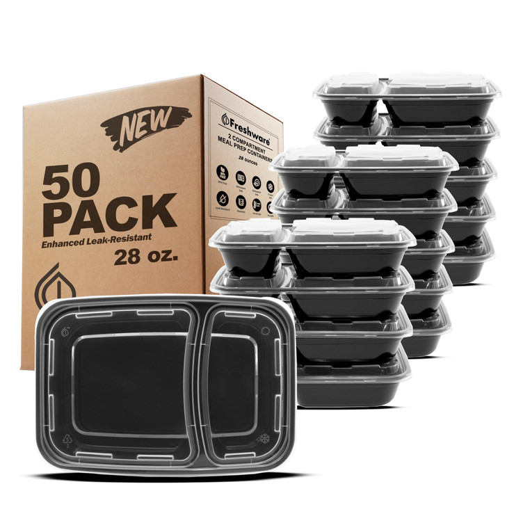 Freshware Meal Prep Containers [50 Pack] 2 Compartment with Lids, Food Storage Containers, Bento Box, BPA Free, Stackable, Microwave/Dishwasher/Freez