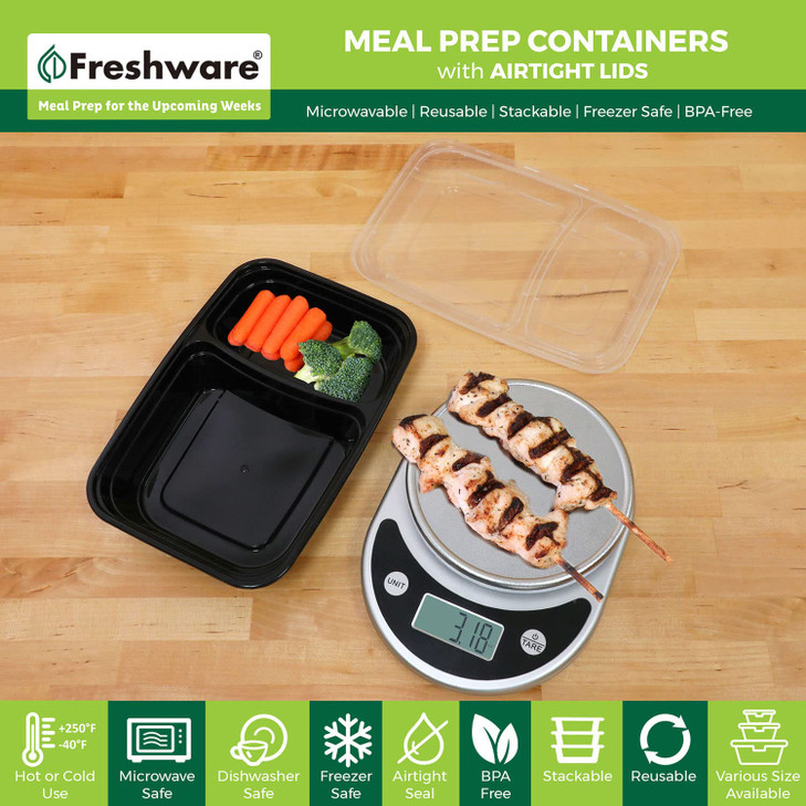 Freshware Meal Prep Containers [15 Pack] 2 Compartment with Lids, Food Storage Containers, Bento Box, BPA Free, Stackable, Microwave/Dishwasher/Freez
