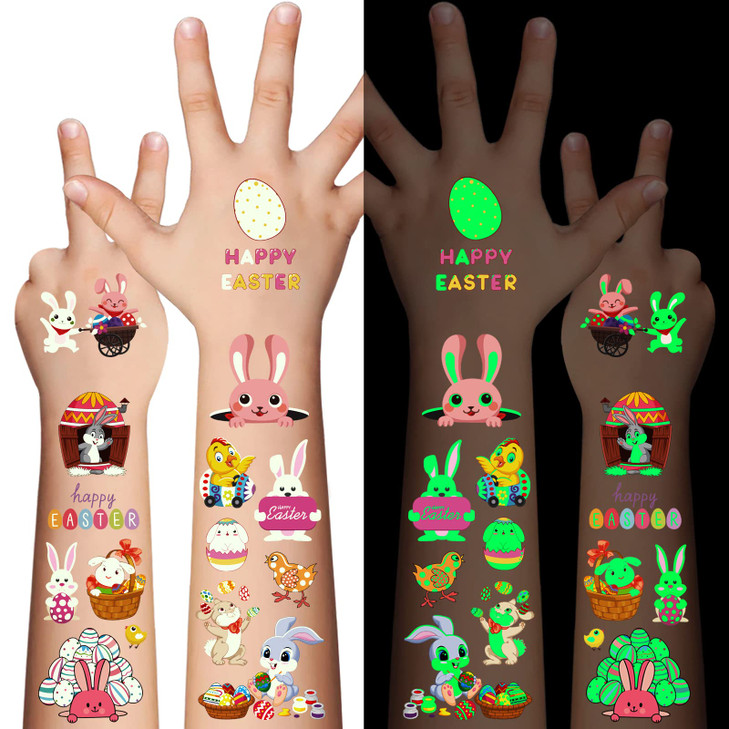 80Pcs Easter luminous temporary tattoos for kids,Glow in The Dark Easter Basket party Tattoos stickers, dwarf colored egg carrot rabbit egg facial ma