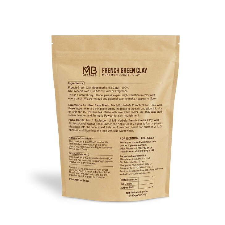MB Herbals French Green Clay 100g | (3.5 oz) | 100% Pure Montmorillonite Clay | Absorbs Excess Oil | Detoxifies Skin | Recommended For Oily Skin | Mi