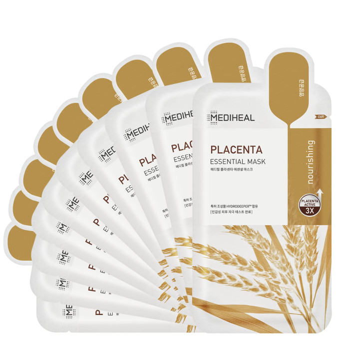Mediheal Best Korean Sheet Mask - Placenta Essential Face Mask 10 Sheets For Anti-aging, Korean rejuvenazing mask, ultra-nourishing, glowy skin treat