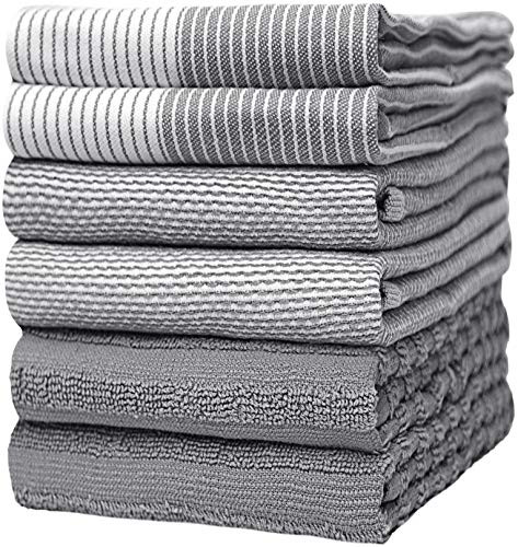 Premium Kitchen Towels (20x 28, 6 Pack) | Large Cotton Dish Towels | Flat & Terry Highly Absorbent Kitchen Linen Set with Hanging Loop | Gray