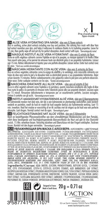 L'Action Paris Aloe Vera Hydrating Spa Mask, Sheet Mask Soothes and Hydrates Skin, Improves Skin Elasticity, Enriched with Calming Aloe Vera Leaf Ext