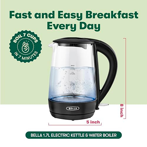 bella 1.7 Liter Glass Electric Kettle, Quickly Boil 7 Cups of Water in 6-7 Minutes, Soft Blue LED Lights Illuminate While Boiling, Cordless Portable