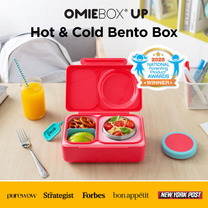 Omie OmieBox UP bento Box for Kids | Insulated Lunch Box | Leak Proof Vacuum Insulated Thermal Food jar | Cooler ice Pack | 2 Compartments (Cherry Pi
