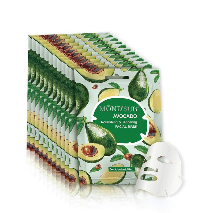 MOND'SUB [12 P] Avocado Oil Facial Masks-Best Sheet Mask For Dry Skin-Deeply Nourishing&Moisturizing- Make Skin Soft&Clear-Every Skin Condition Day t