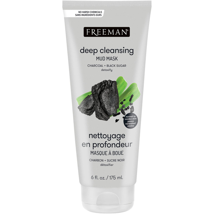 Freeman Detoxifying Charcoal & Black Sugar Mud Mask, Hydrating and Oil Absorbing Facial Mask, 6 fl oz tube/175 mL