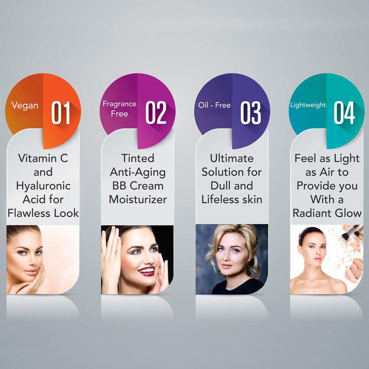 Ageless Derma BB Cream Tinted Moisturizer Foundation with Hyaluronic Acid and Vitamin C. Made in USA