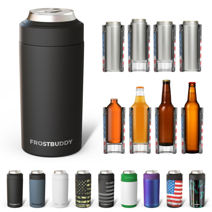 Frost Buddy Universal Can Cooler - Fits All - For Regular 12 & 16 oz or Slim-Size Bottles - Insulated Double-Walled Stainless Steel (MatteBlack)