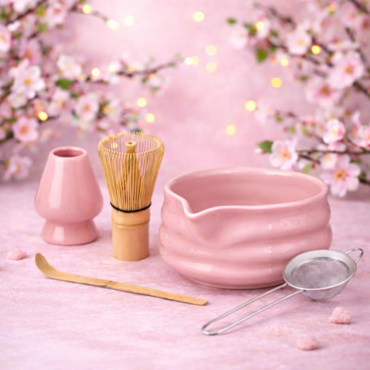Marce Matcha Whisk Set- Matcha Set includes Matcha Whisk and Bowl with Spout, Sifter, Holder and Scoop- The Perfect Bamboo Whisk for Matcha Tea (Pink